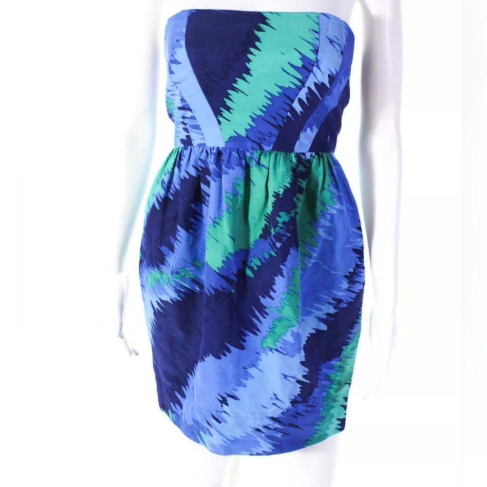Shoshanna Womens Strapless Gathered Abstract Mini Dress Blue Size 0